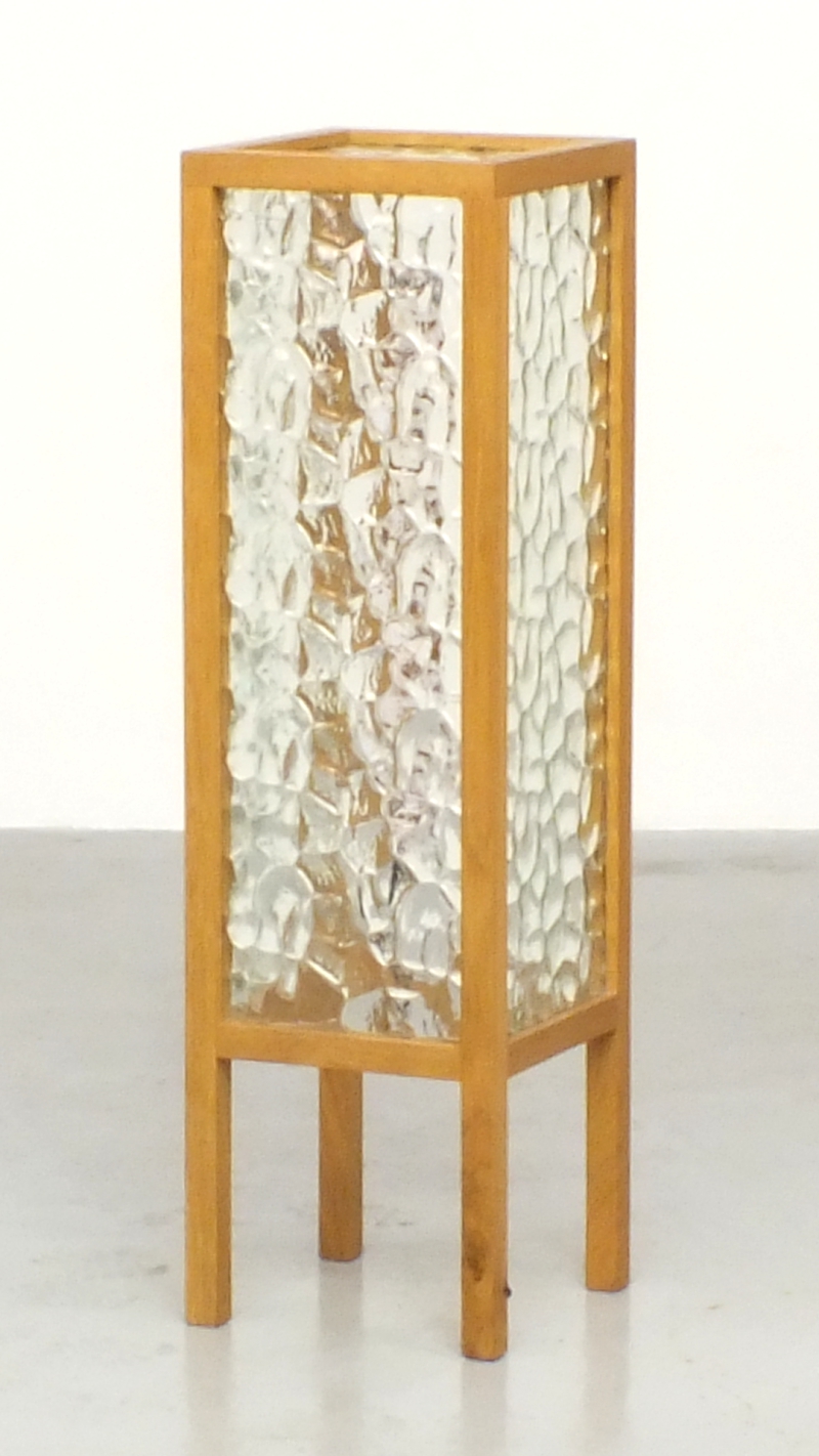 Column lamp; A handcrafted lamp made from reclaimed rippled glass and oak spindles.