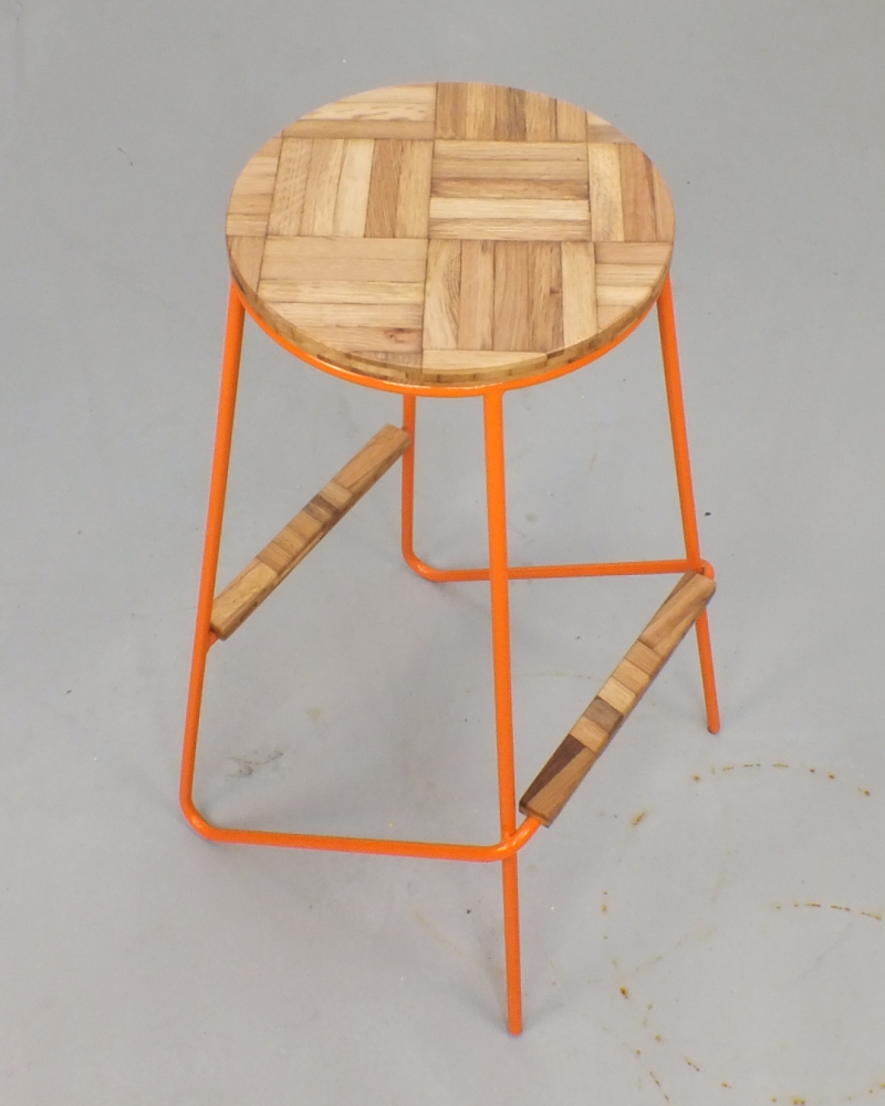 High stool; a one-of-a-kind high stool crafted from salvaged steel and reclaimed oak parquet